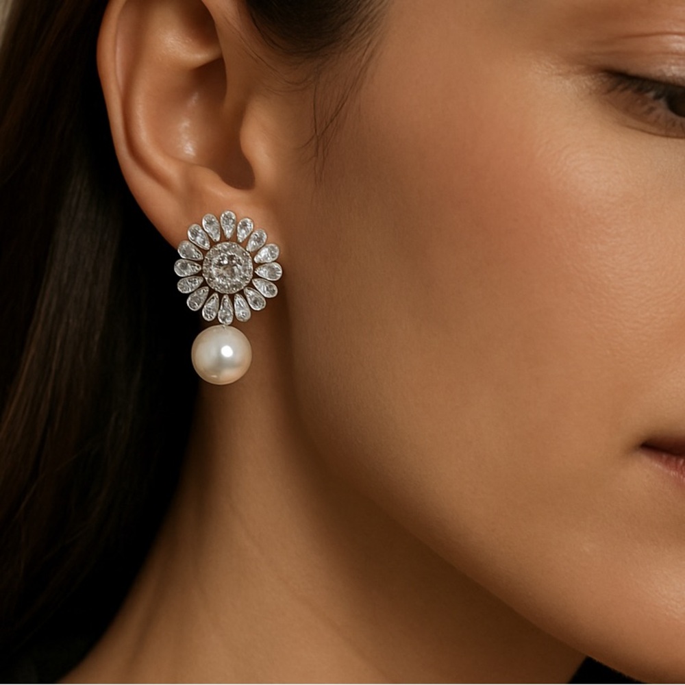 Elegant Silver and Pearl Drop Stud Earrings (A20)